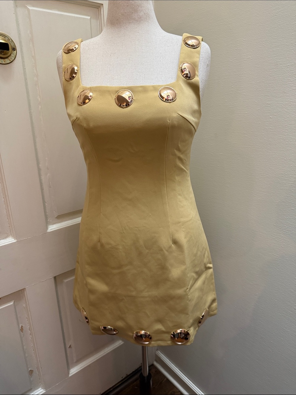 Commense mustard Yellow Mini Dress with Gold Disc Details NWT